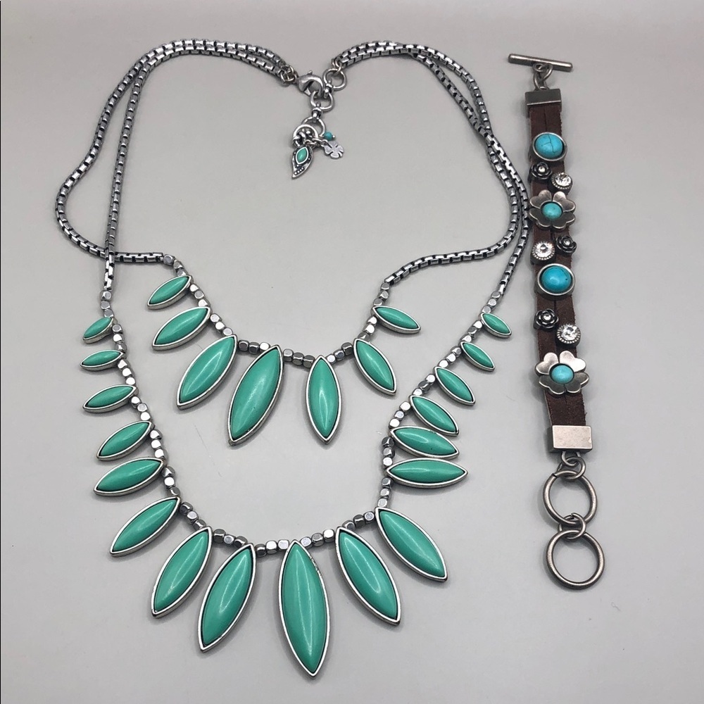Southwestern boho style Lucky Brand Necklace Leather Bracelet Faux Turquoise.